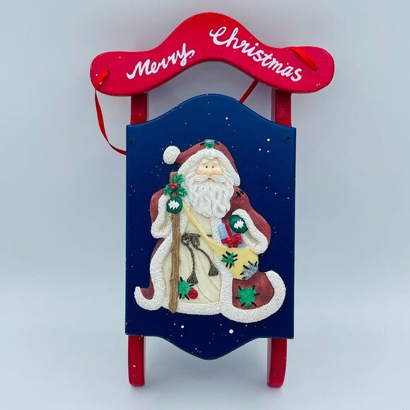 Merry Christmas Wooden Sled Sculpted Resin Santa Claus Hand Panted Sleigh - Picture 7 of 7